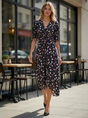 The Kooples Black Floral Silk Midi Dress Size 4 | Romantic Luxe Cocktail Party S